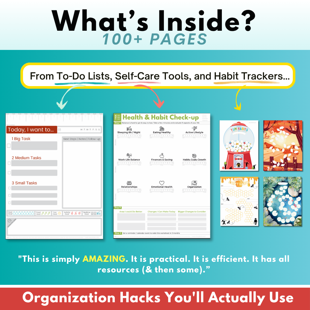 ADHD Daily Survival Guide, To-do Lists, Organization Hacks, Declutter Challenges, Goal Trackers for Adhd Adults & Adhd Teens