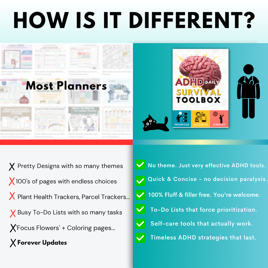 ADHD Daily Survival Guide, To-do Lists, Organization Hacks, Declutter Challenges, Goal Trackers for Adhd Adults & Adhd Teens