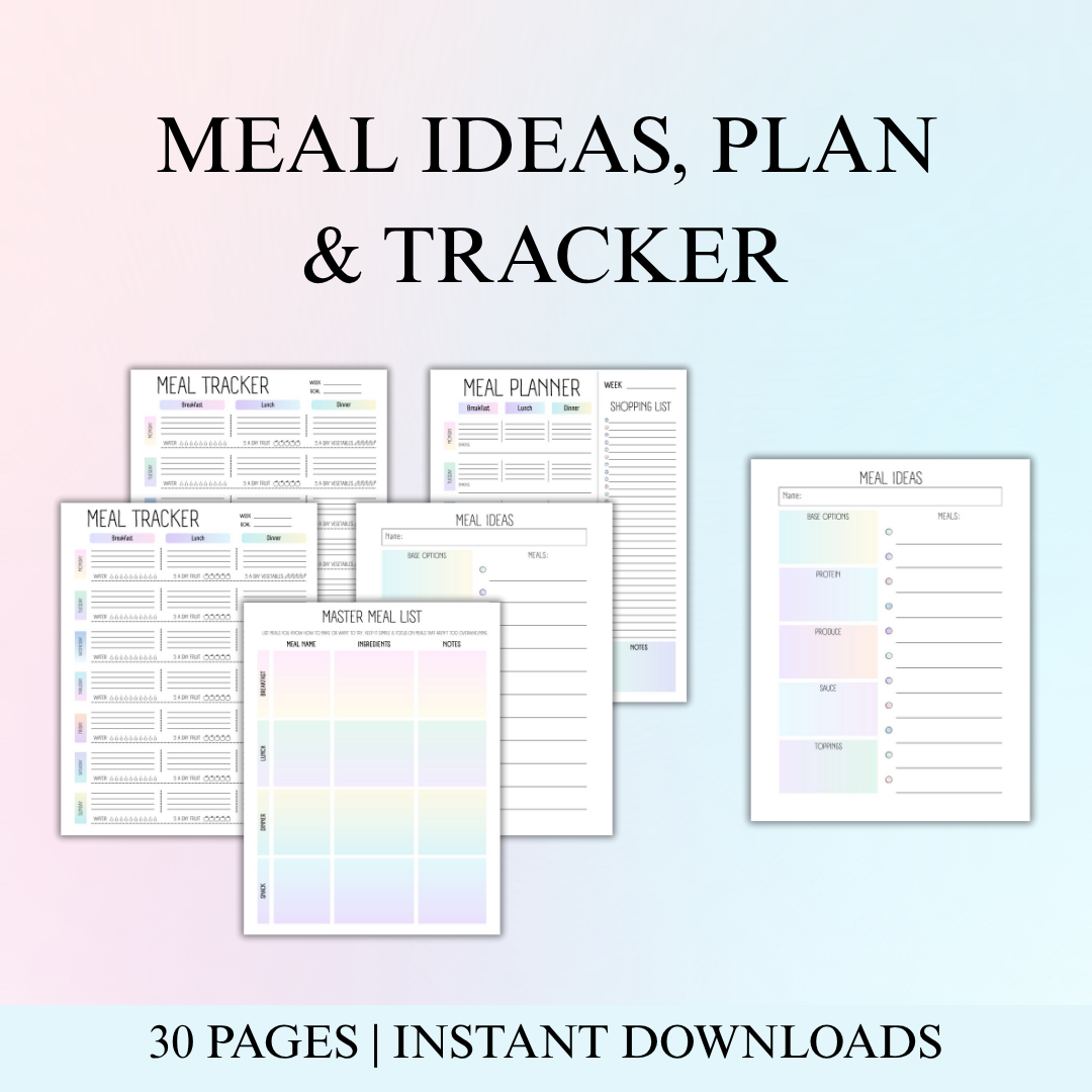 ADHD Meal Planning Bundle, Printable Templates for Grocery List, Kitchen Inventory, Use Soon Tracker, Meal Builder & Time Savers