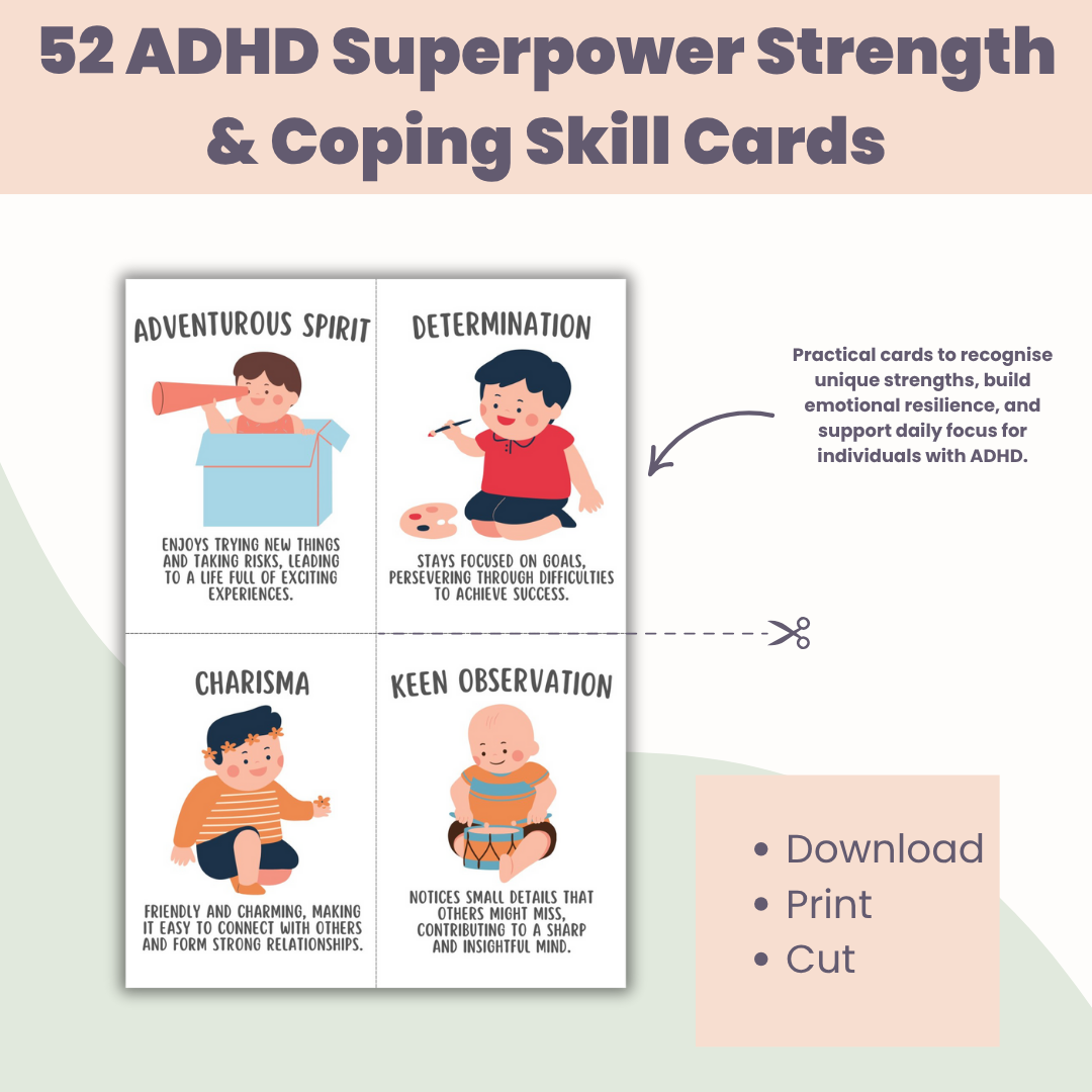 52 ADHD Superpower Strength & Coping Skill Cards, Executive Functioning, Social Emotional Learning, Growth Mindset, SEL, Kids Therapy, GAD
