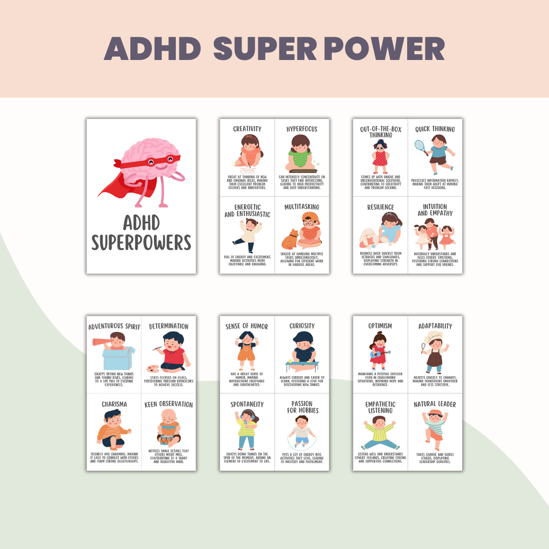 52 ADHD Superpower Strength & Coping Skill Cards, Executive Functioning, Social Emotional Learning, Growth Mindset, SEL, Kids Therapy, GAD