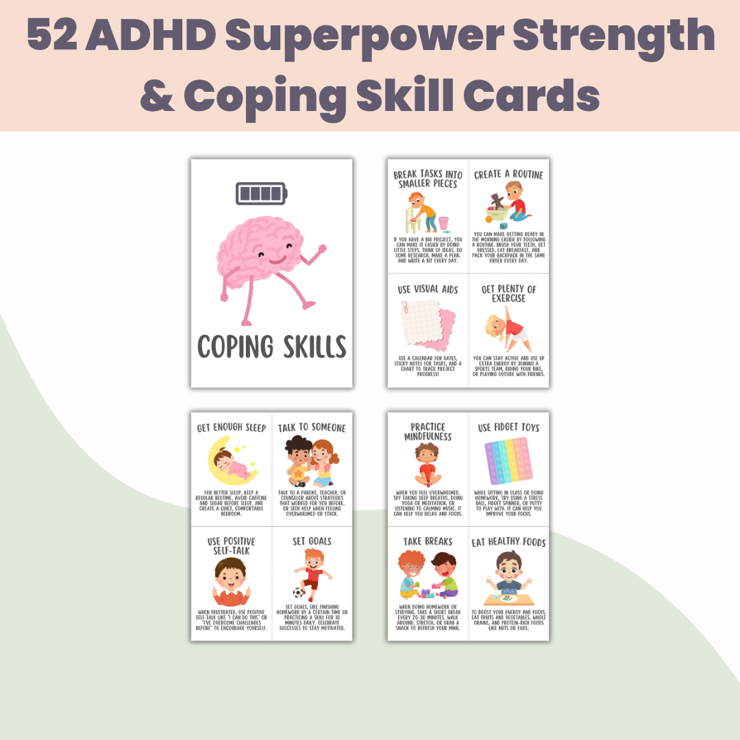 52 ADHD Superpower Strength & Coping Skill Cards, Executive Functioning, Social Emotional Learning, Growth Mindset, SEL, Kids Therapy, GAD