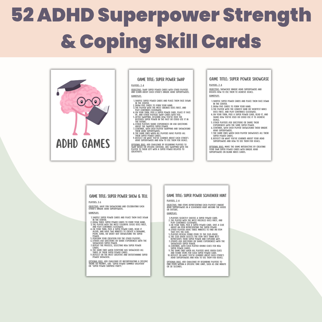 52 ADHD Superpower Strength & Coping Skill Cards, Executive Functioning, Social Emotional Learning, Growth Mindset, SEL, Kids Therapy, GAD