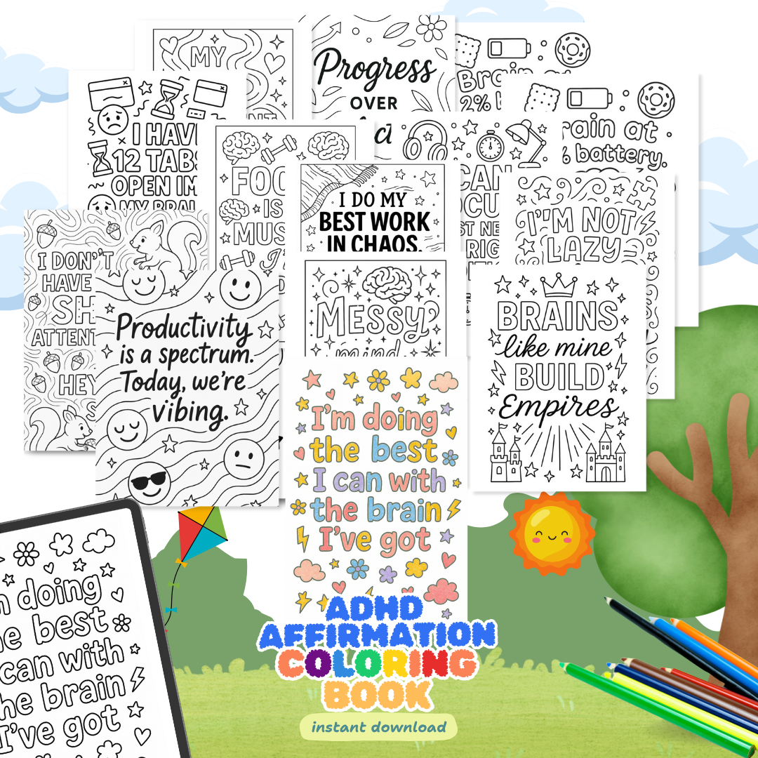 ADHD Art Therapy Coloring Book, Affirmation Pages, Stress Relief
