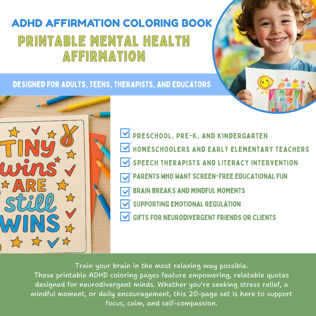 ADHD Art Therapy Coloring Book, Affirmation Pages, Stress Relief